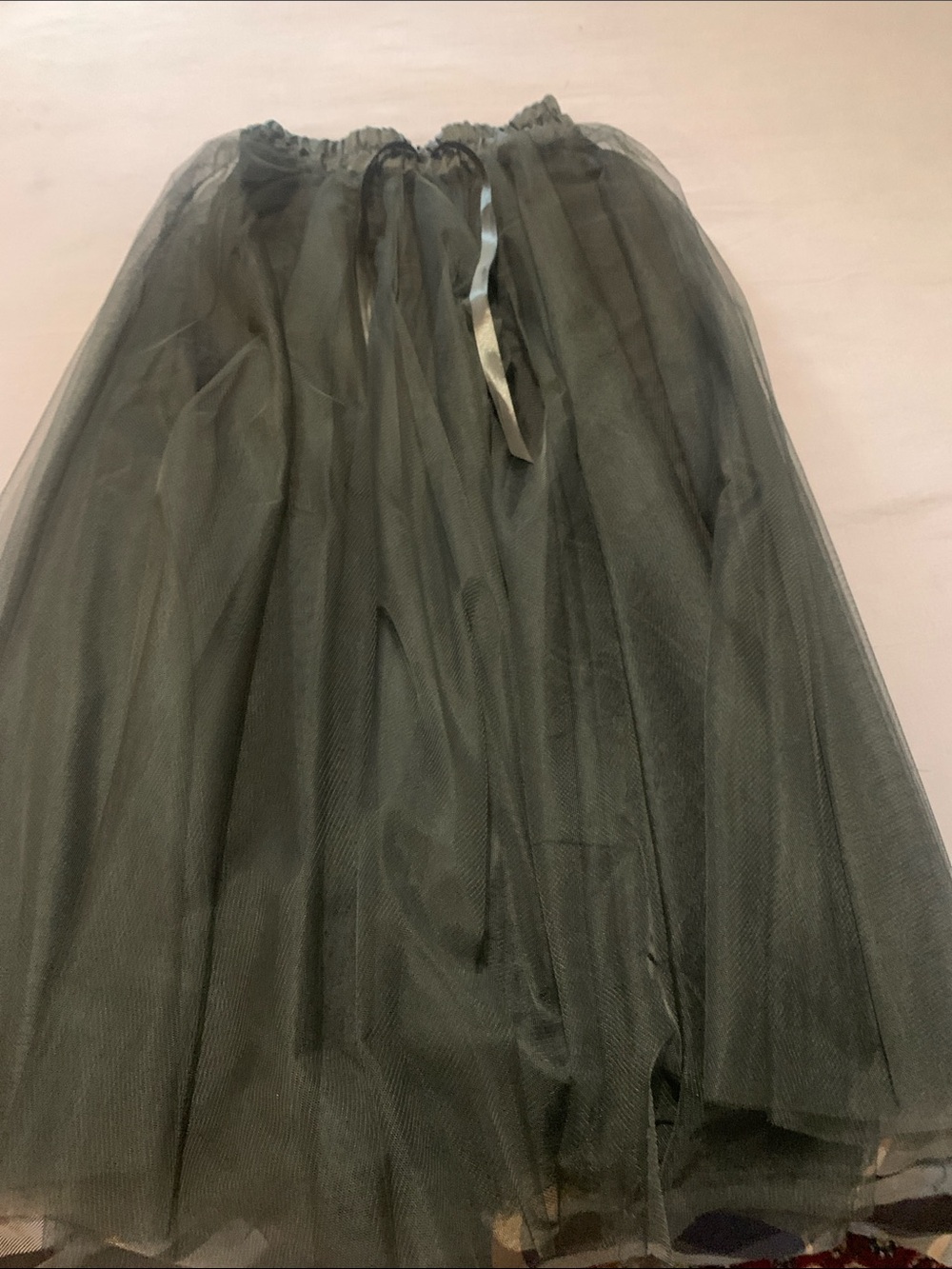 Women’s Olive Tulle Maxi Skirt with Ribbon Waist